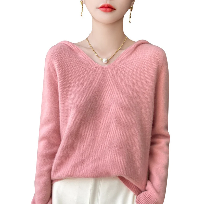 Damen Weicher Mohair‑Optik Kapuzenpullover mit V‑Ausschnitt und geripptem Saum Nord Taschen