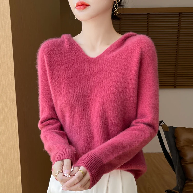 Damen Weicher Mohair‑Optik Kapuzenpullover mit V‑Ausschnitt und geripptem Saum Nord Taschen