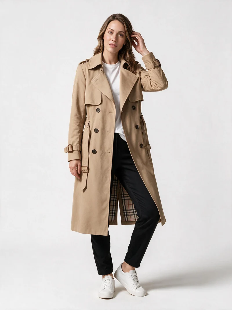Damen Langer Trenchmantel Bindegürtel