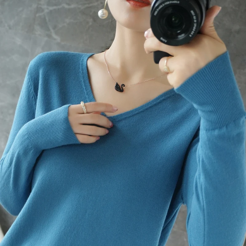 Damen leichter V-Ausschnitt Kaschmir-Look Feinstrickpullover Nord Taschen
