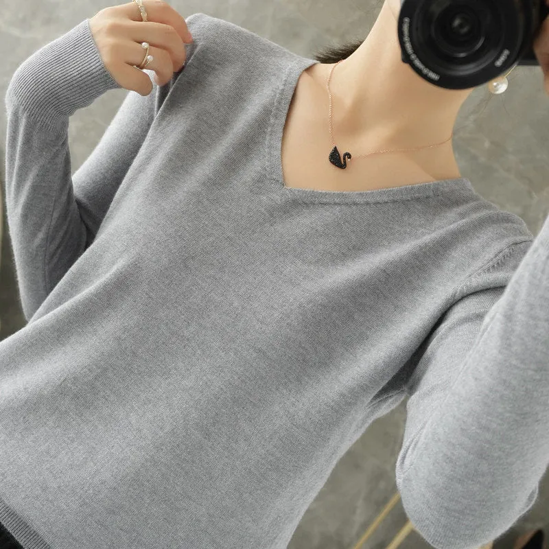 Damen leichter V-Ausschnitt Kaschmir-Look Feinstrickpullover Nord Taschen