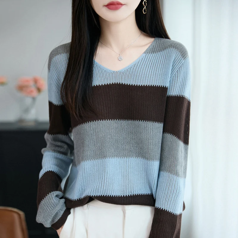 Damen Leichter V-Ausschnitt Feinstrickpullover mit breiten Blockstreifen und entspannter Passform Nord Taschen