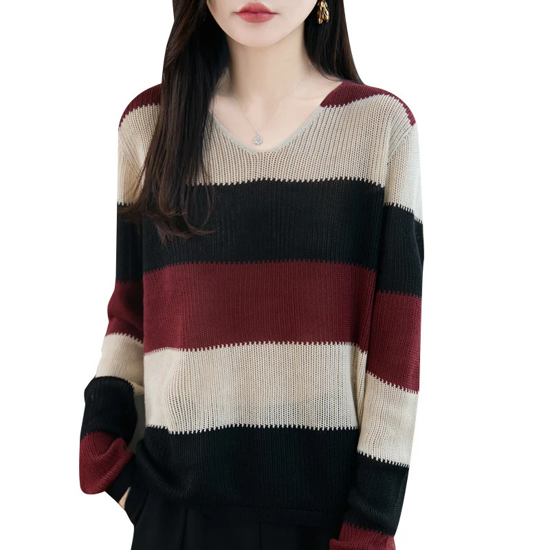Damen Leichter V-Ausschnitt Feinstrickpullover mit breiten Blockstreifen und entspannter Passform Nord Taschen