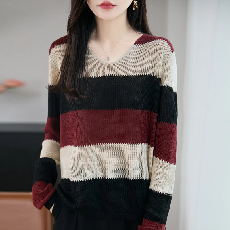 Damen Leichter V-Ausschnitt Feinstrickpullover mit breiten Blockstreifen und entspannter Passform Nord Taschen