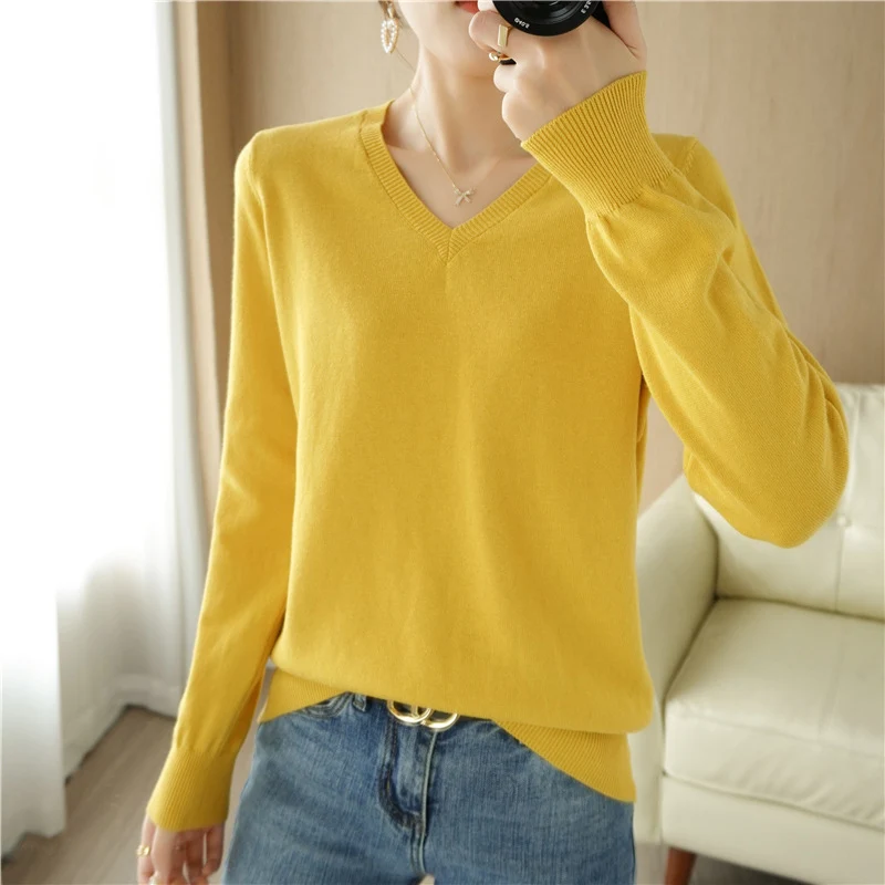 Damen Leichter V‑Ausschnitt Feinstrickpullover aus kaschmirweicher Baumwollmischung mit elastischen Rippbündchen Nord Taschen