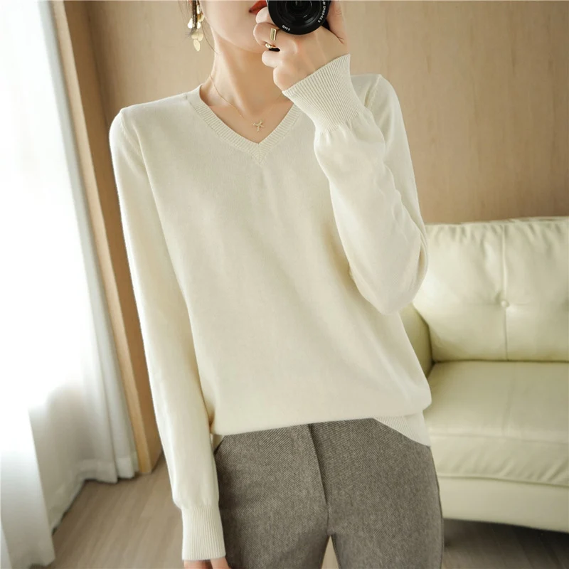 Damen Leichter V‑Ausschnitt Feinstrickpullover aus kaschmirweicher Baumwollmischung mit elastischen Rippbündchen Nord Taschen