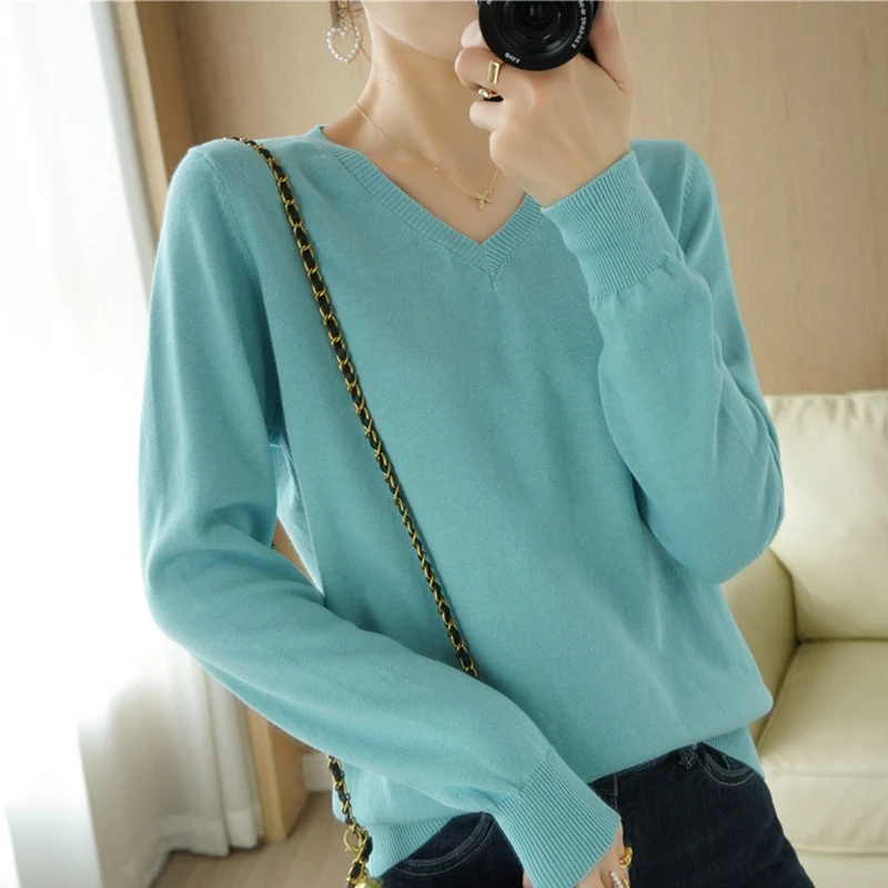 Damen Leichter V‑Ausschnitt Feinstrickpullover aus kaschmirweicher Baumwollmischung mit elastischen Rippbündchen Nord Taschen