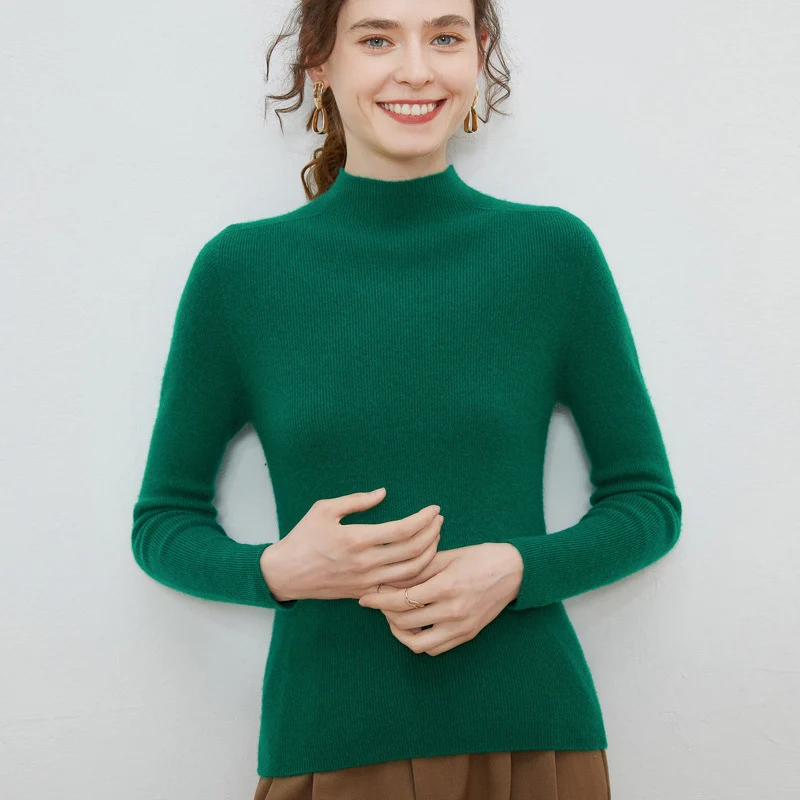 Damen Leichter taillierter Mockneck-Pullover in kaschmirähnlicher Mohair-Optik mit feiner Rippenstruktur Nord Taschen