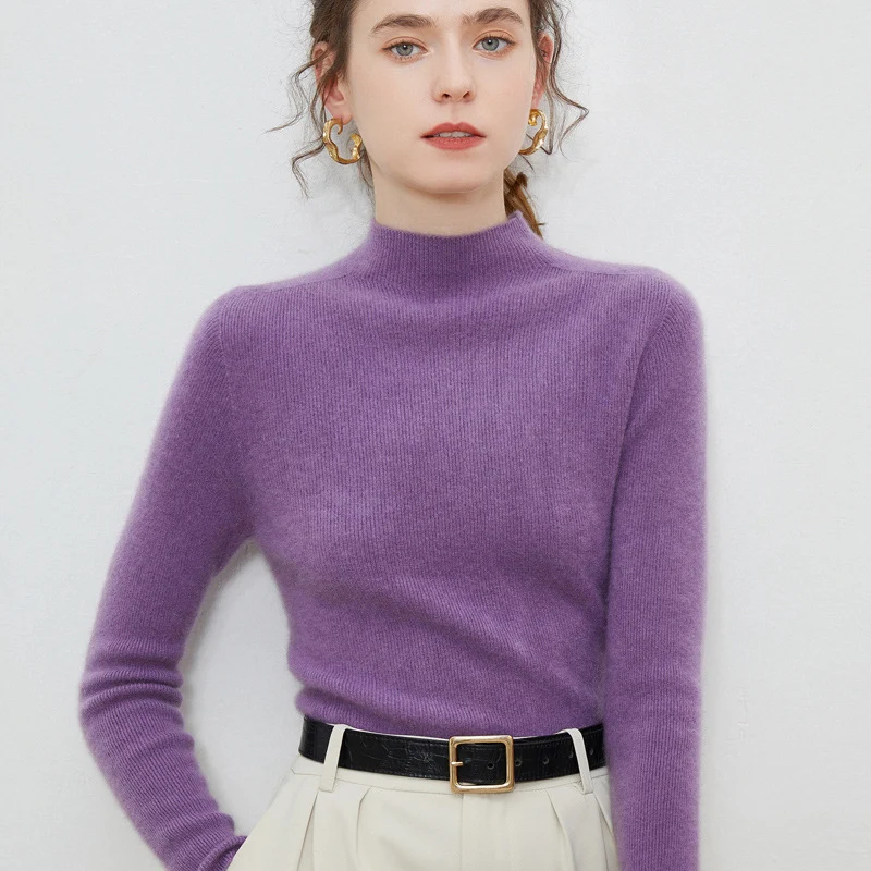 Damen Leichter taillierter Mockneck-Pullover in kaschmirähnlicher Mohair-Optik mit feiner Rippenstruktur Nord Taschen