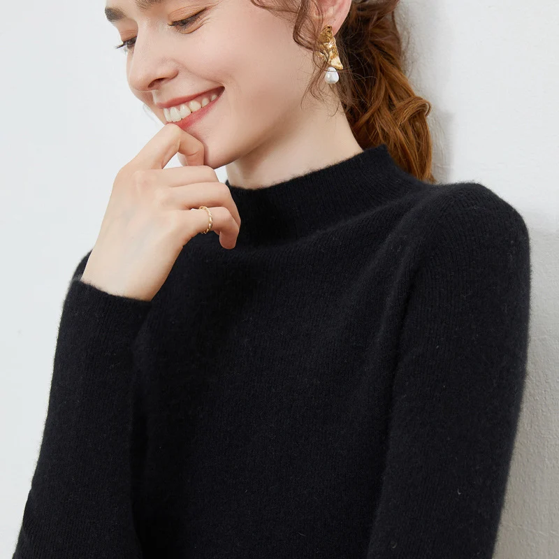 Damen Leichter taillierter Mockneck-Pullover in kaschmirähnlicher Mohair-Optik mit feiner Rippenstruktur Nord Taschen
