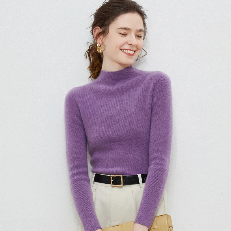 Damen Leichter taillierter Mockneck-Pullover in kaschmirähnlicher Mohair-Optik mit feiner Rippenstruktur Nord Taschen