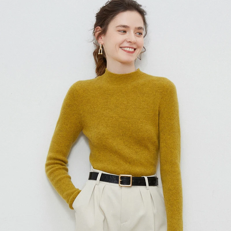 Damen Leichter taillierter Mockneck-Pullover in kaschmirähnlicher Mohair-Optik mit feiner Rippenstruktur Nord Taschen