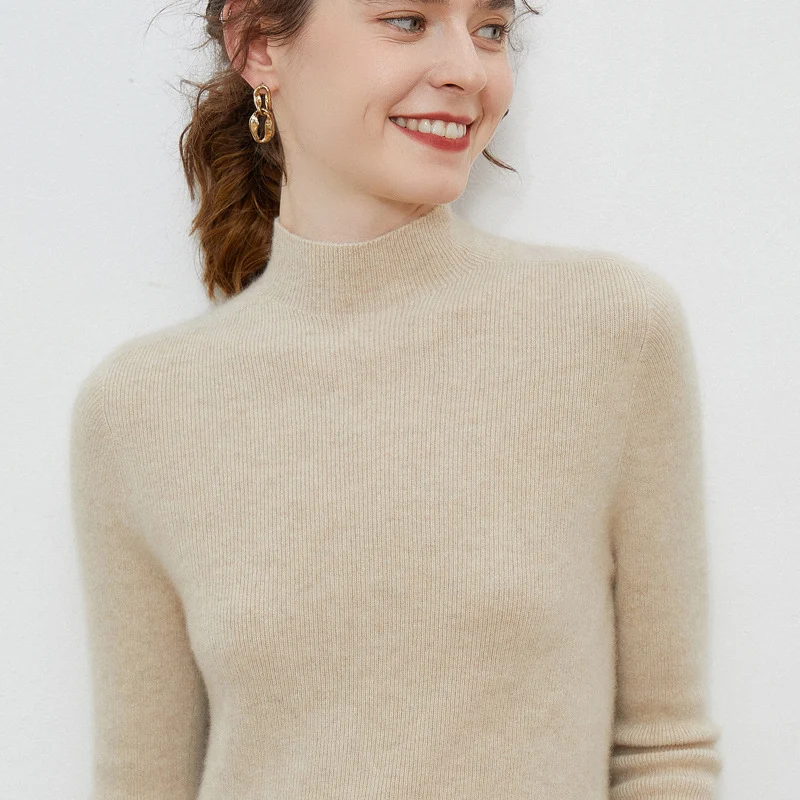 Damen Leichter taillierter Mockneck-Pullover in kaschmirähnlicher Mohair-Optik mit feiner Rippenstruktur Nord Taschen