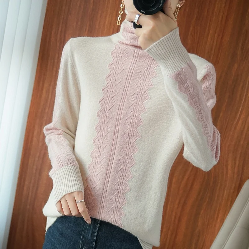 Damen Premium-Rollkragenpullover aus Feinstrick mit zentrierter Ajour‑Zopfstruktur Nord Taschen