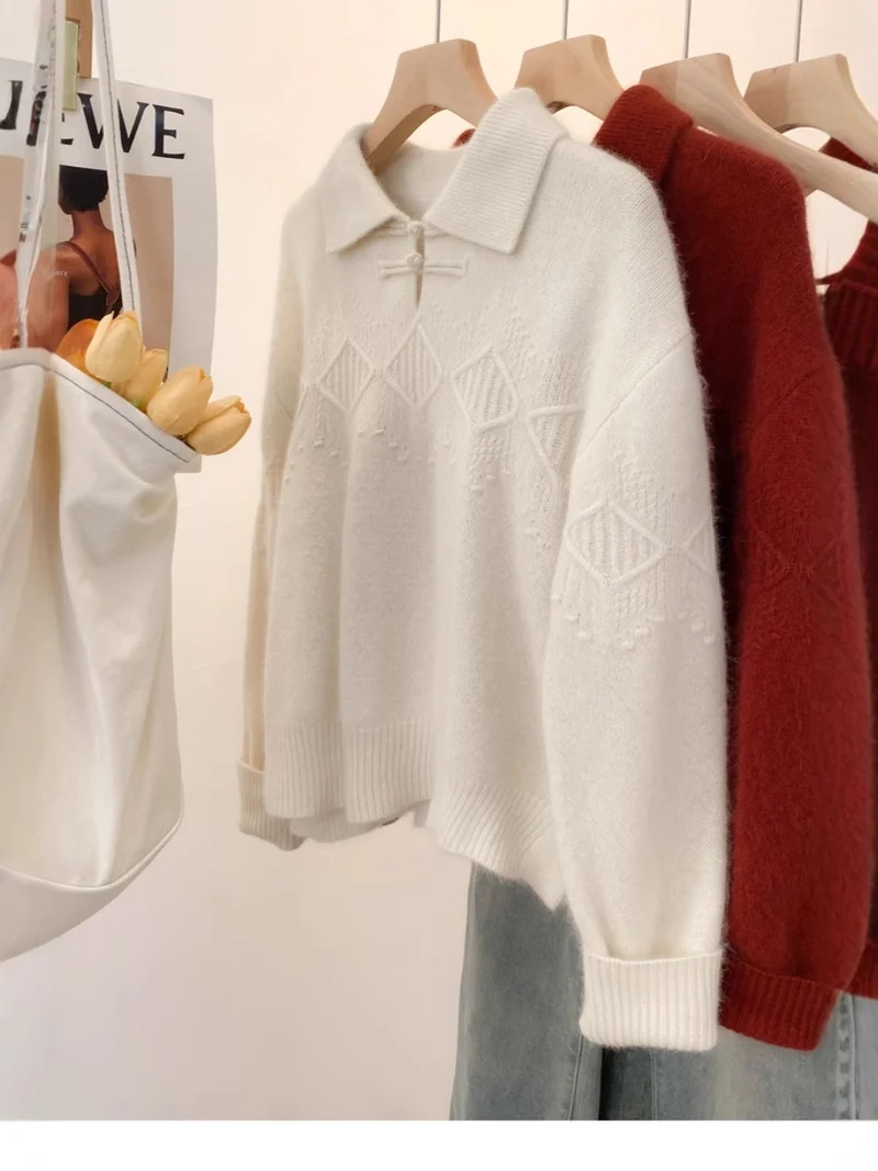 Damen Polokragen-Pullover im Mohair‑Look mit Ajour‑Zopfmuster, überschnittener Schulter und weiter Silhouette Nord Taschen