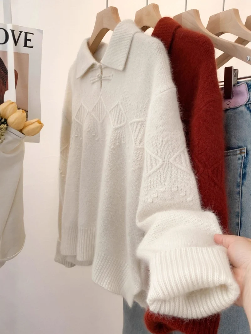 Damen Polokragen-Pullover im Mohair‑Look mit Ajour‑Zopfmuster, überschnittener Schulter und weiter Silhouette Nord Taschen