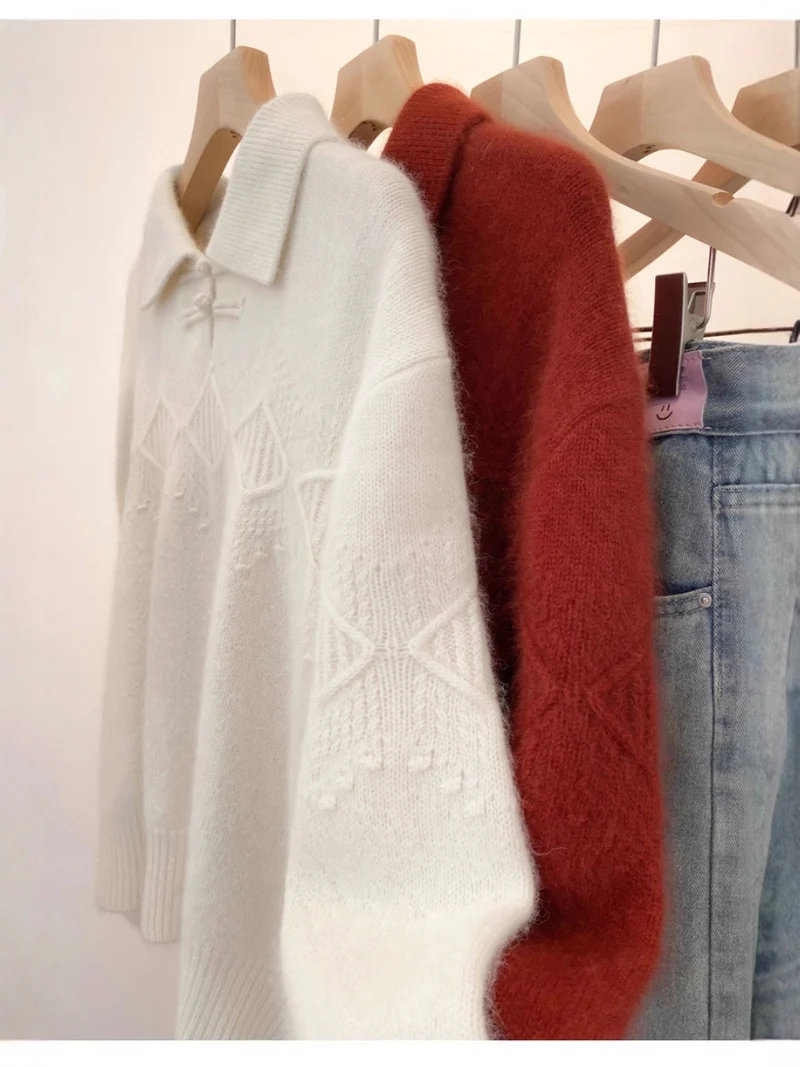 Damen Polokragen-Pullover im Mohair‑Look mit Ajour‑Zopfmuster, überschnittener Schulter und weiter Silhouette Nord Taschen