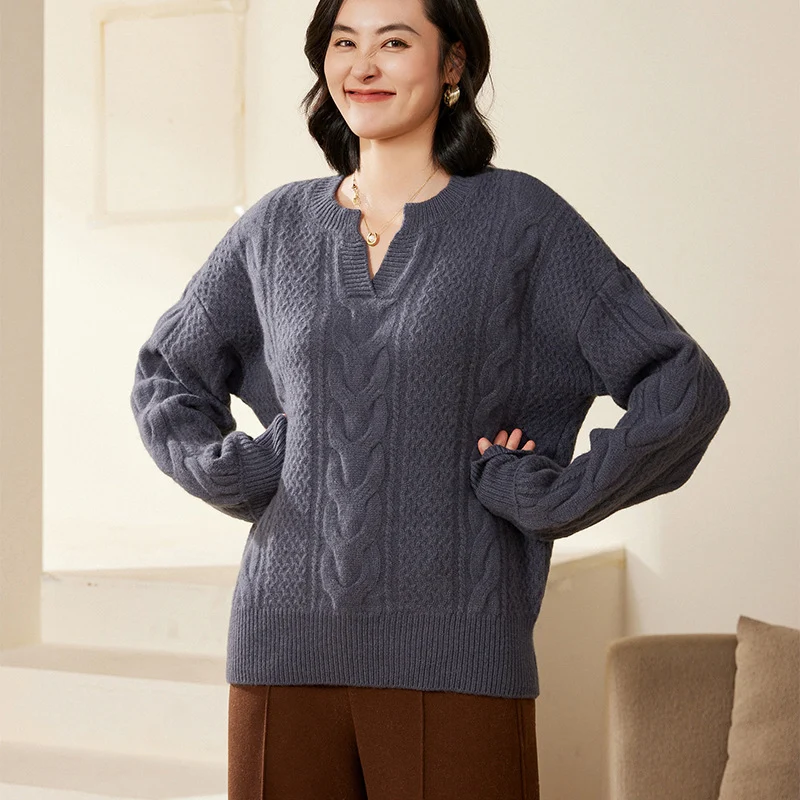 Damen Oversize Zopfstrick-Pullover mit V‑Einsatz und kaschmirähnlicher Weichheit Nord Taschen
