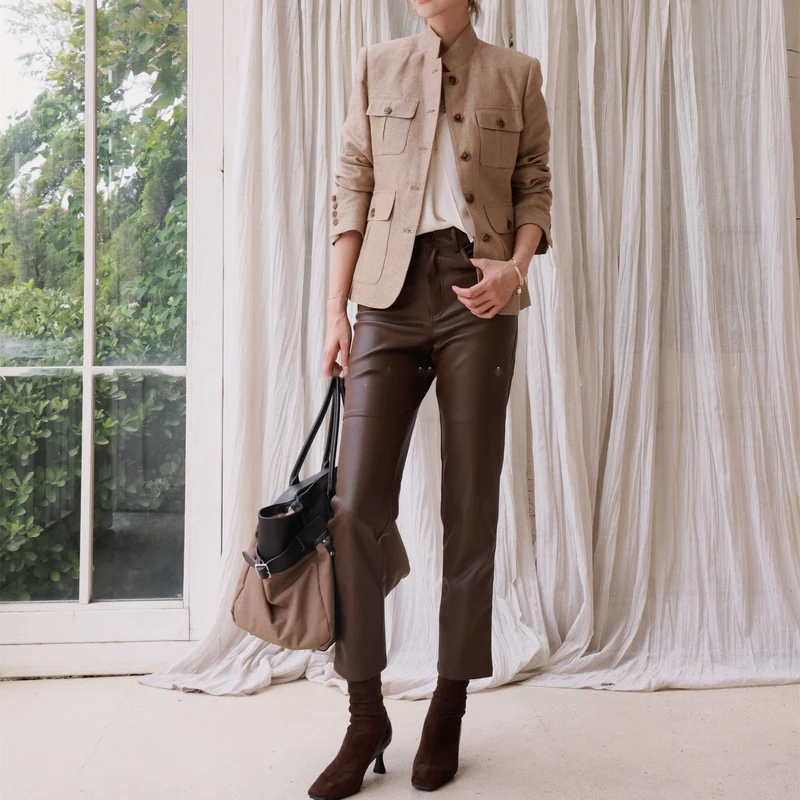 Damen Elegante Leinenjacke mit Taillengürtel Nord Taschen