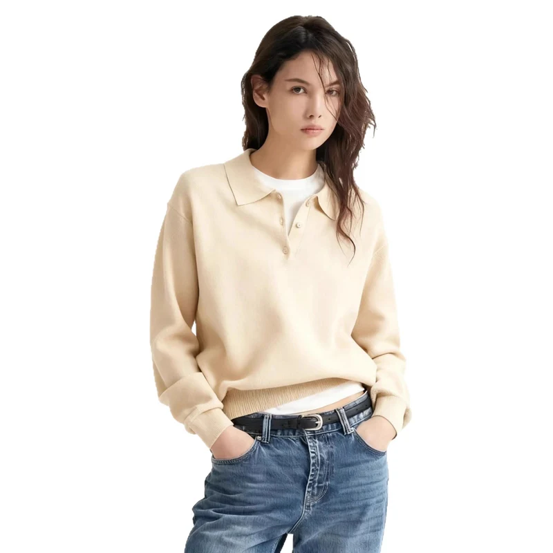 Damen Lässiger Polopullover aus weichem Strick Nord Taschen