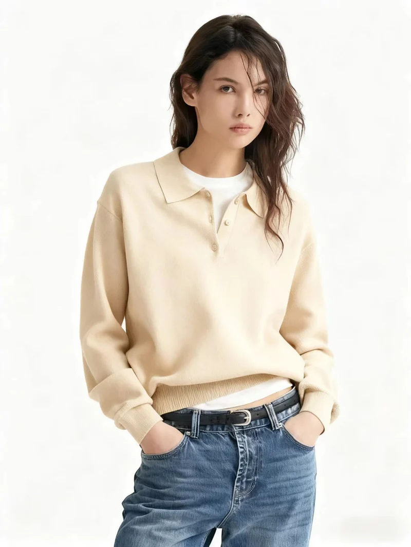 Damen Lässiger Polopullover aus weichem Strick Nord Taschen