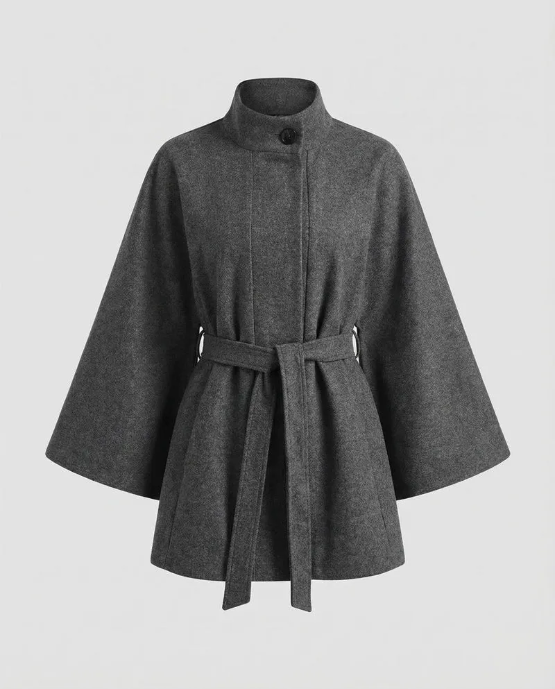 Damen Wollcape-Mantel mit Taillengürtel