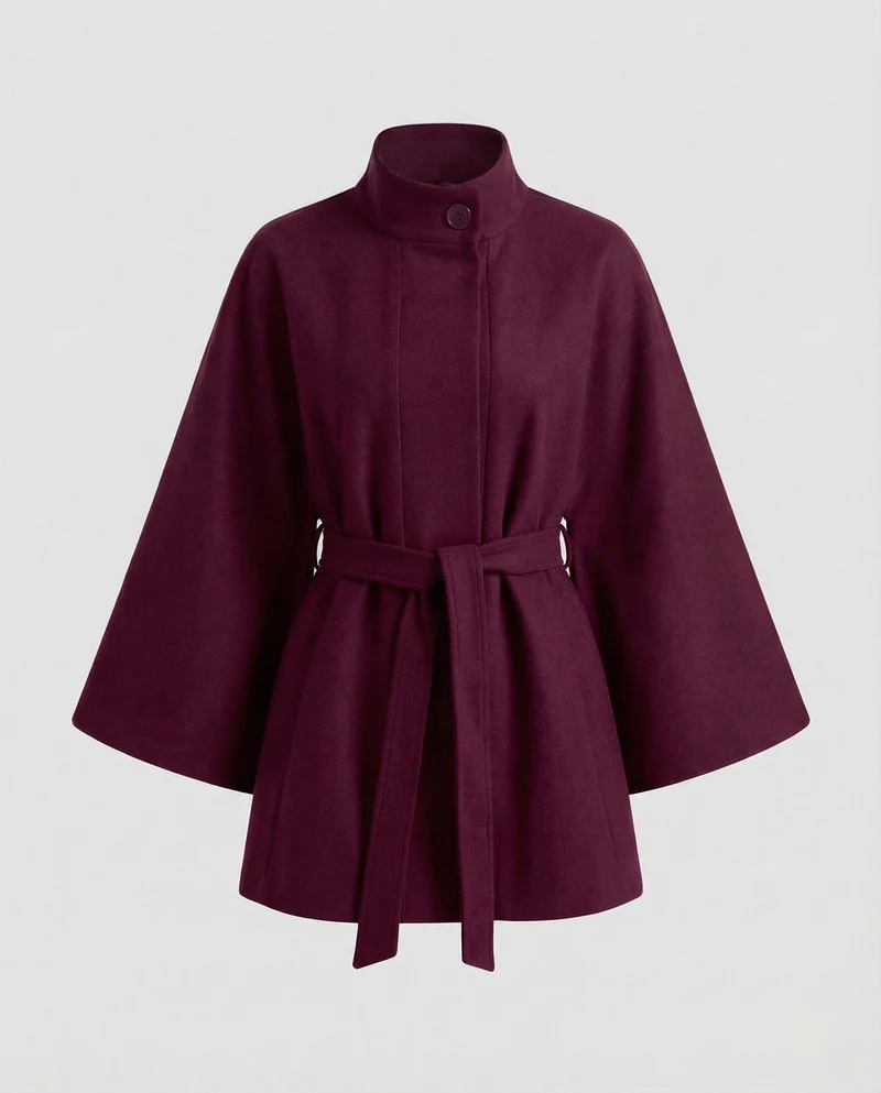 Damen Wollcape-Mantel mit Taillengürtel
