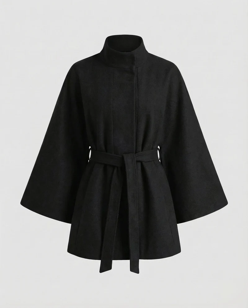 Damen Wollcape-Mantel mit Taillengürtel
