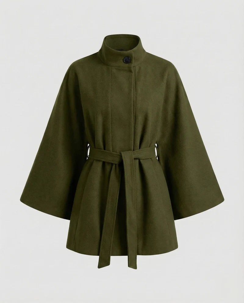 Damen Wollcape-Mantel mit Taillengürtel