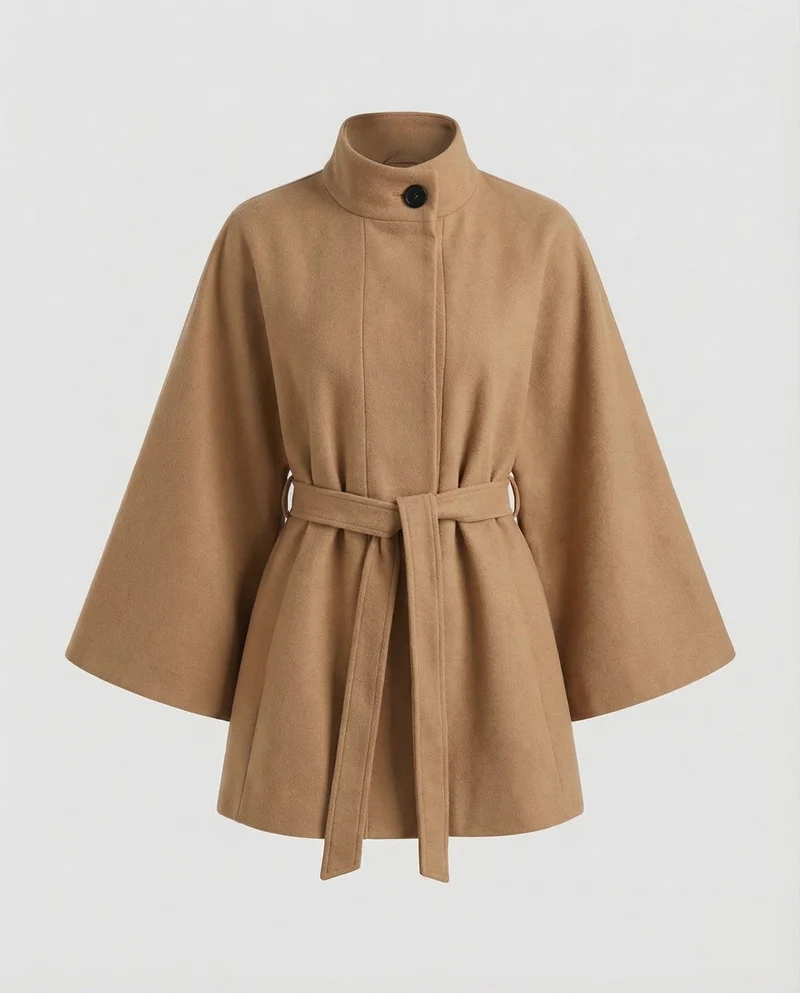 Damen Wollcape-Mantel mit Taillengürtel
