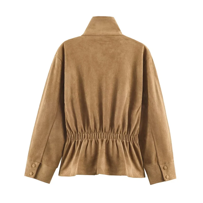 Damen Kurzjacke aus Velourslederoptik mit Stehkragen und Bindegürtel Nord Taschen