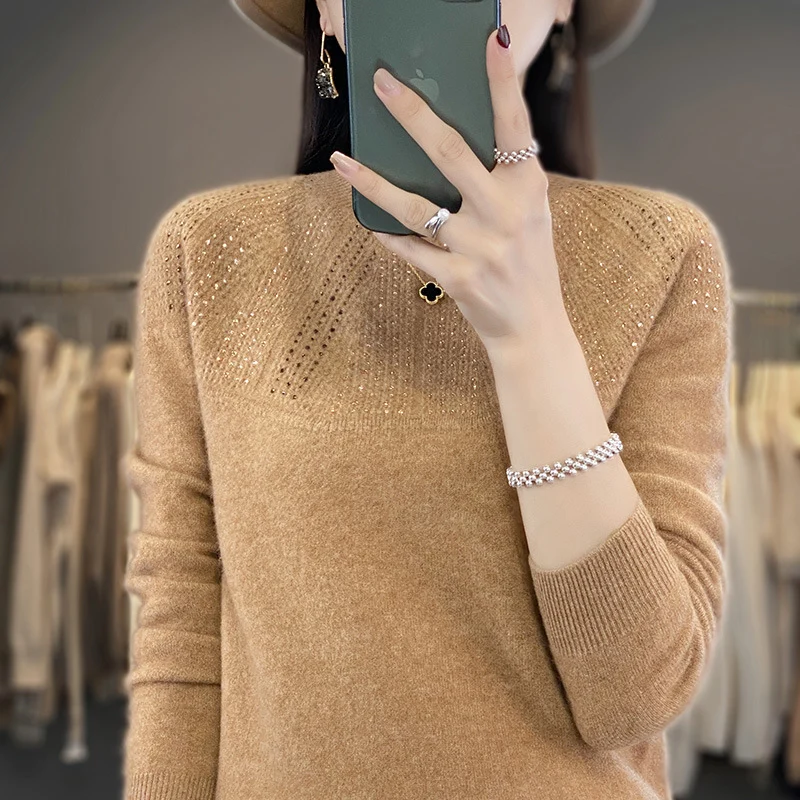Damen Weicher Kaschmir‑Optik Feinstrickpullover mit Ajour‑Yoke und Paillettenbesatz Nord Taschen