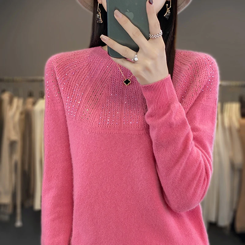 Damen Weicher Kaschmir‑Optik Feinstrickpullover mit Ajour‑Yoke und Paillettenbesatz Nord Taschen
