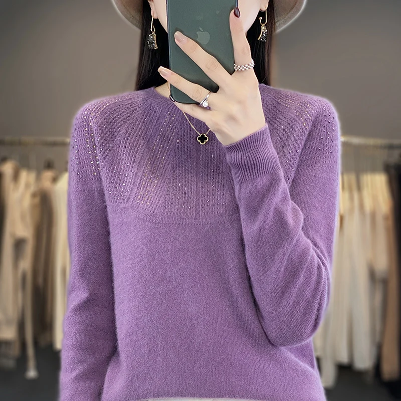 Damen Weicher Kaschmir‑Optik Feinstrickpullover mit Ajour‑Yoke und Paillettenbesatz Nord Taschen