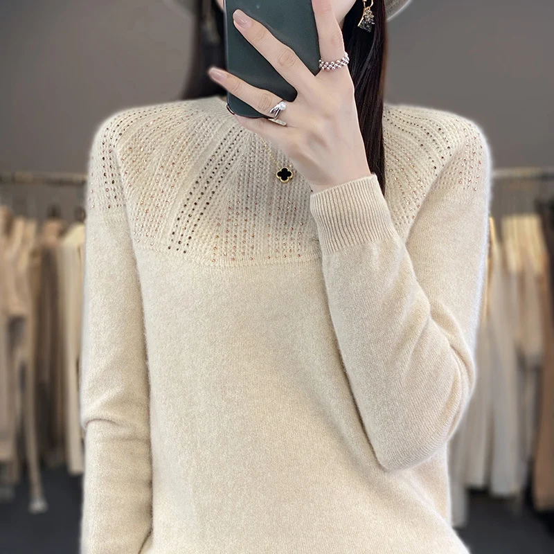 Damen Weicher Kaschmir‑Optik Feinstrickpullover mit Ajour‑Yoke und Paillettenbesatz Nord Taschen