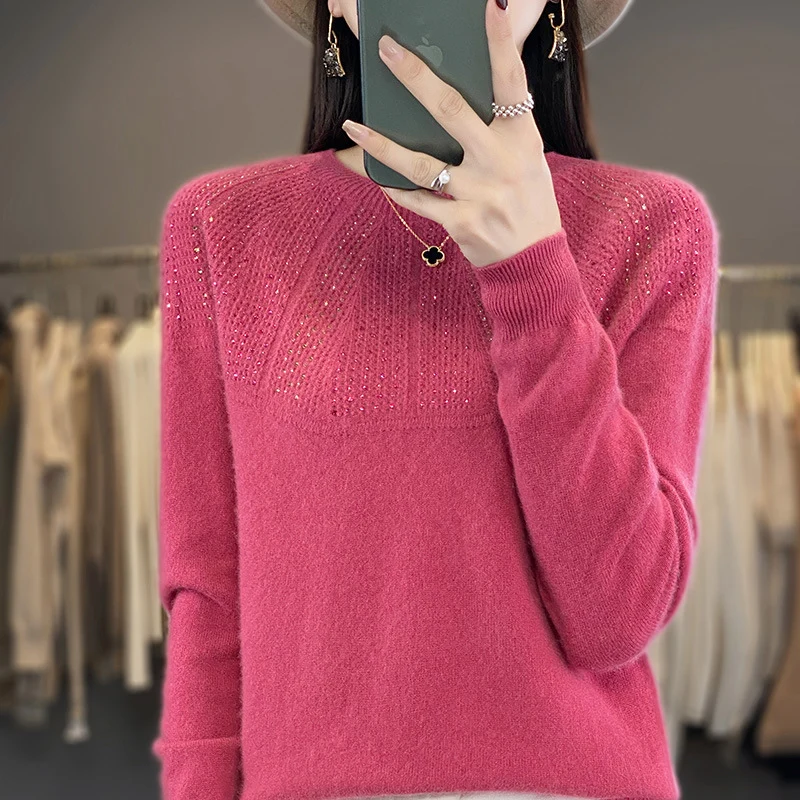 Damen Weicher Kaschmir‑Optik Feinstrickpullover mit Ajour‑Yoke und Paillettenbesatz Nord Taschen