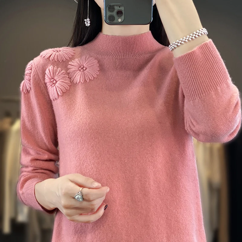 Damen Weicher Feinstrickpullover mit kurzem Stehkragen, 3D‑Blütenapplikation und gerippten Bündchen Nord Taschen
