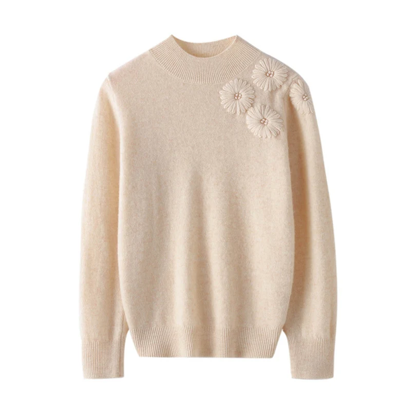 Damen Weicher Feinstrickpullover mit kurzem Stehkragen, 3D‑Blütenapplikation und gerippten Bündchen Nord Taschen