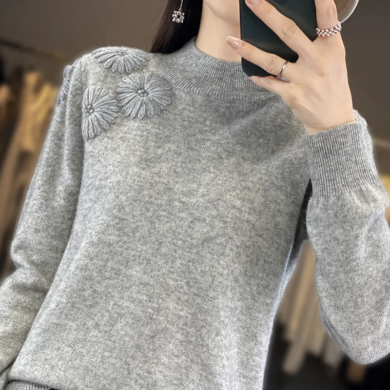 Damen Weicher Feinstrickpullover mit kurzem Stehkragen, 3D‑Blütenapplikation und gerippten Bündchen Nord Taschen