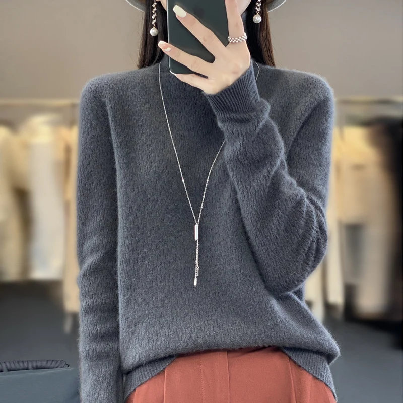 Damen Weicher Feinstrick‑Mockneckpullover mit flauschiger Mohair‑Optik, zarter Wabenstruktur und legerer Oversize‑Passform Nord Taschen