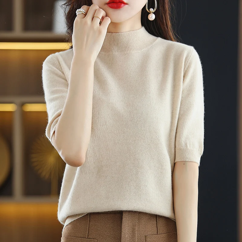 Damen Kurzärmeliger Feinstrick-Pullover mit halbem Rollkragen Nord Taschen