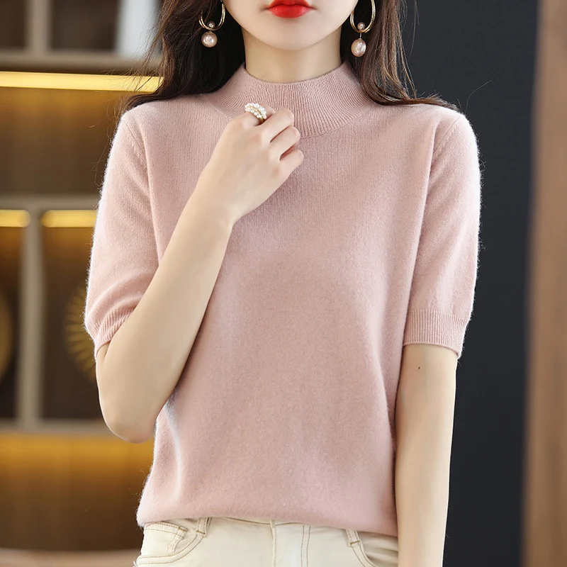 Damen Kurzärmeliger Feinstrick-Pullover mit halbem Rollkragen Nord Taschen