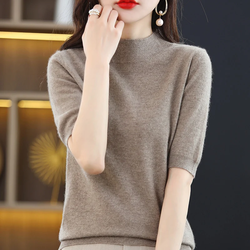Damen Kurzärmeliger Feinstrick-Pullover mit halbem Rollkragen Nord Taschen