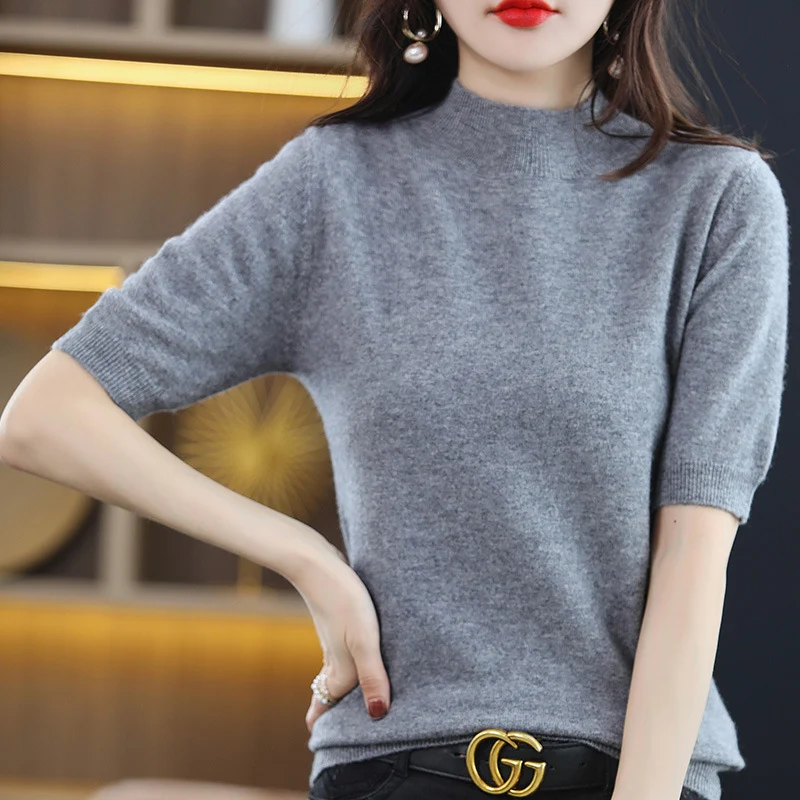 Damen Kurzärmeliger Feinstrick-Pullover mit halbem Rollkragen Nord Taschen