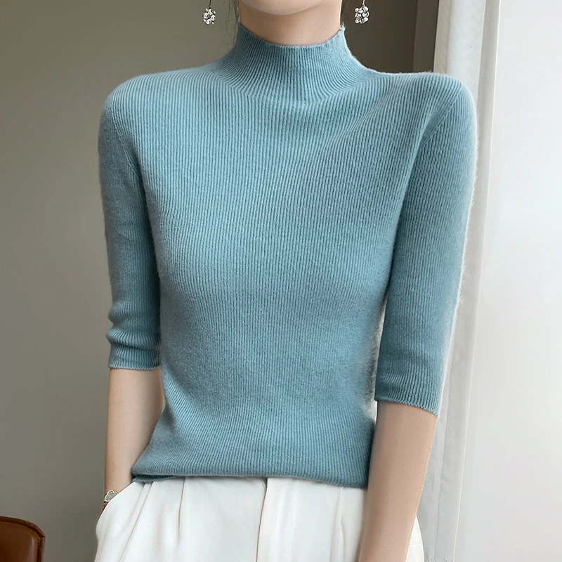 Damen Kurzarm-Mockneck-Pullover mit flauschiger Angora‑Optik Nord Taschen
