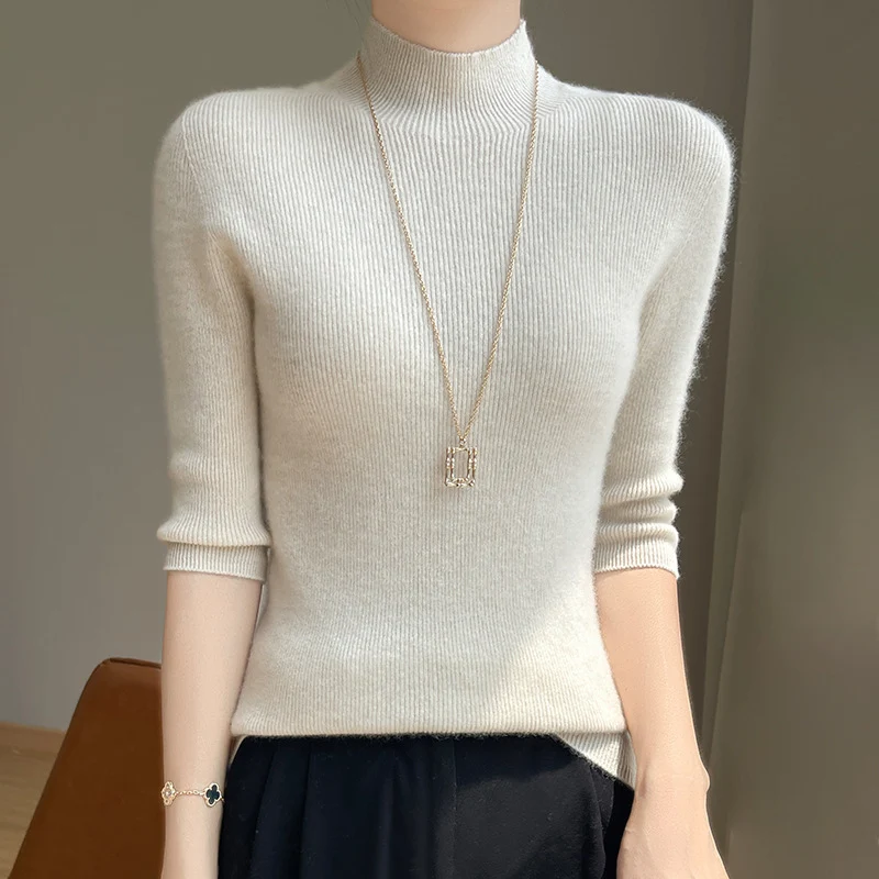 Damen Kurzarm-Mockneck-Pullover mit flauschiger Angora‑Optik Nord Taschen