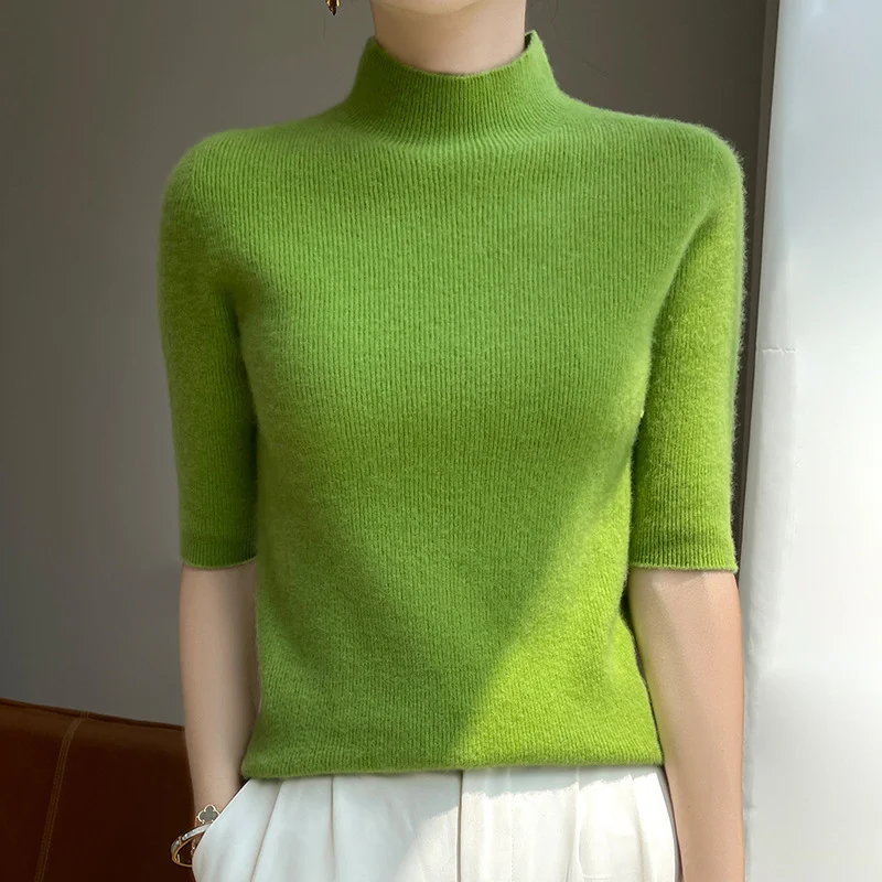 Damen Kurzarm-Mockneck-Pullover mit flauschiger Angora‑Optik Nord Taschen