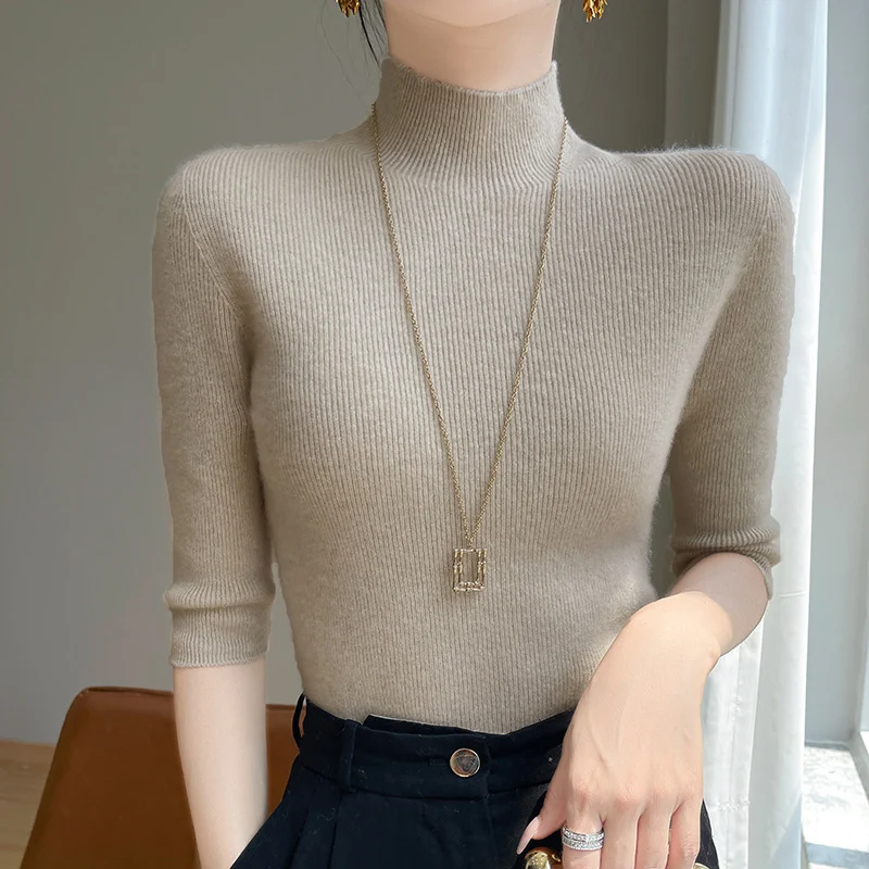 Damen Kurzarm-Mockneck-Pullover mit flauschiger Angora‑Optik Nord Taschen