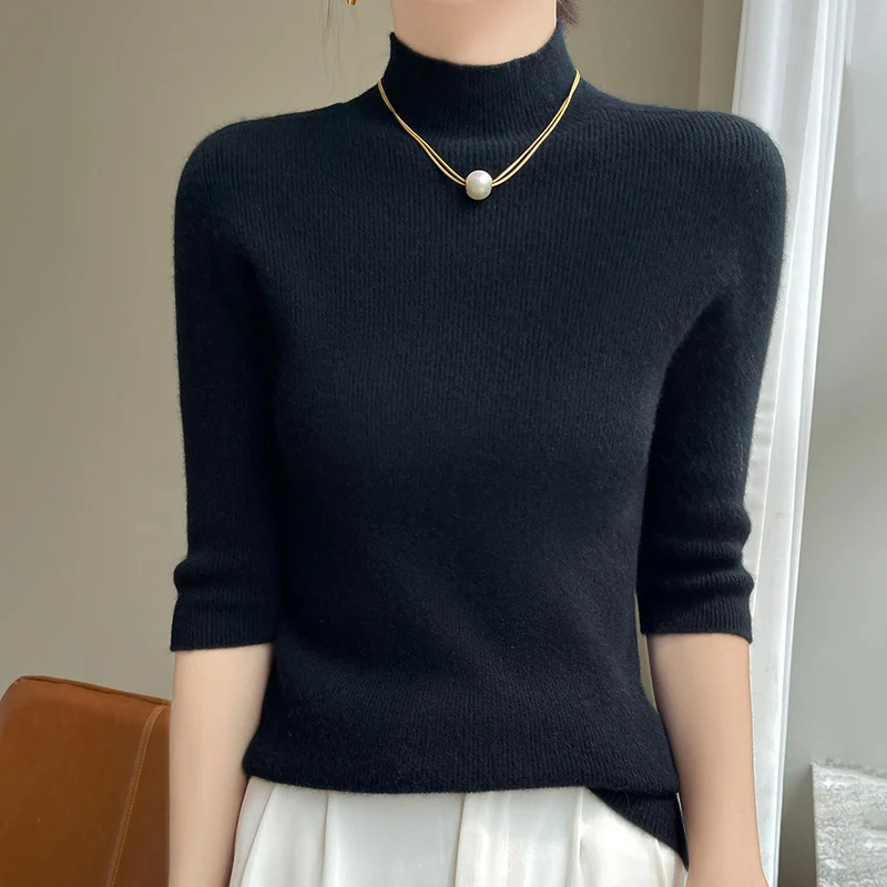 Damen Kurzarm-Mockneck-Pullover mit flauschiger Angora‑Optik Nord Taschen
