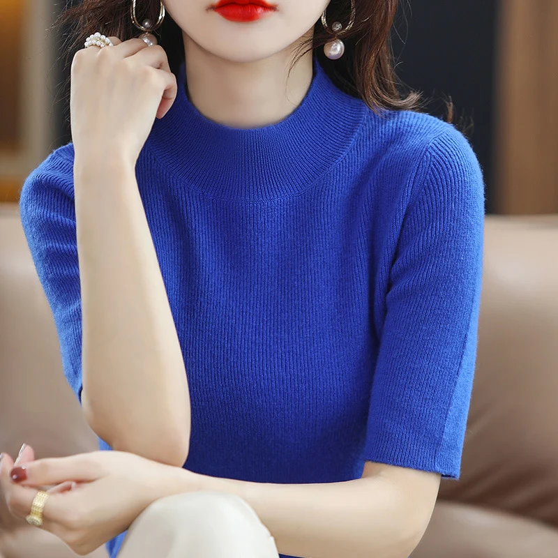Damen Kurzarm-Feinstrickpullover mit Stehkragen und taillierter Passform Nord Taschen